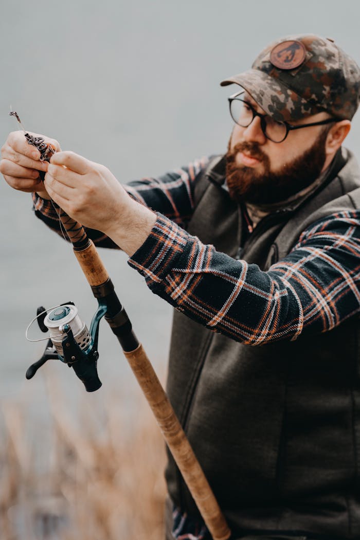 Bearded man adjusting fishing rod outdoors by a lake.